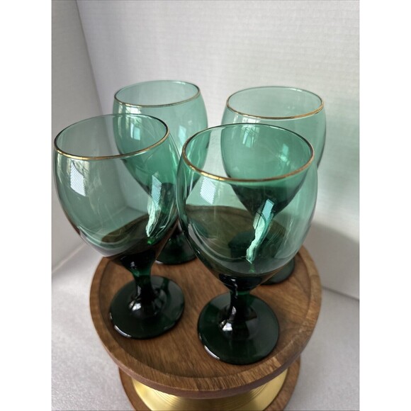 Set of 4  Vintage Libbey Teardrop Juniper Green Wine Goblets Glasses Gold Rims - Picture 1 of 16